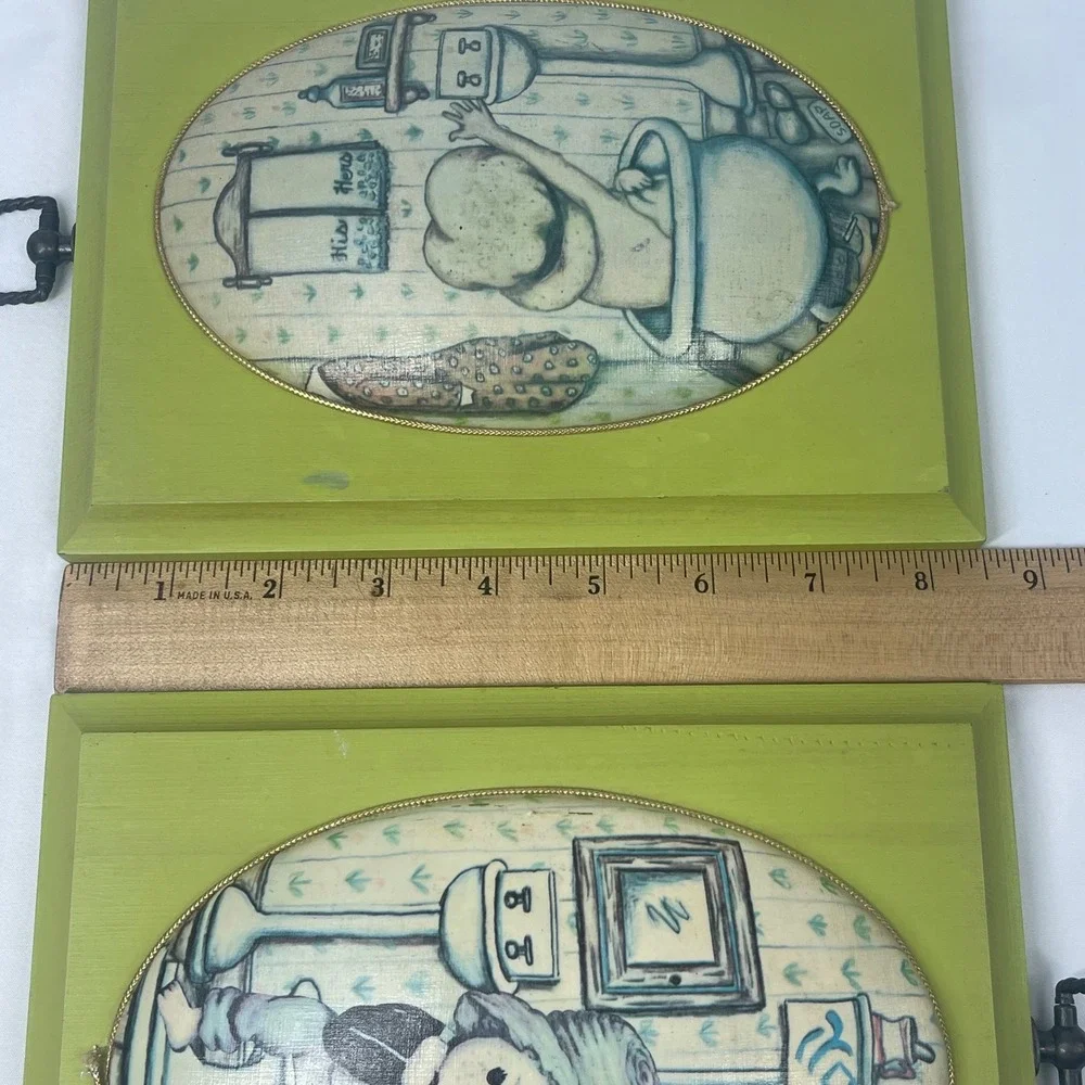 Vintage Handmade Decoupage Wood Bathroom Wall Art Set Convex Chartreuse 8.5x6.25